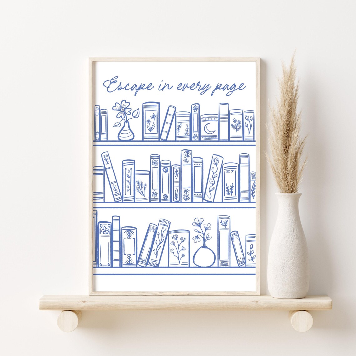 Escape in Every Page Blue Bookshelf Library Line Art Wall Poster