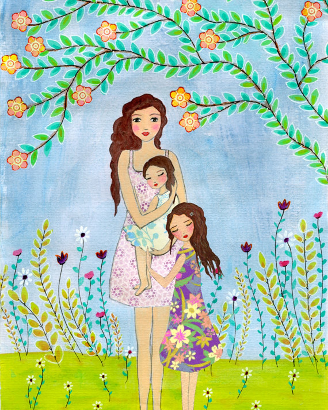 Mother Embracing Two Daughters in a Sunny Flower Meadow Poster