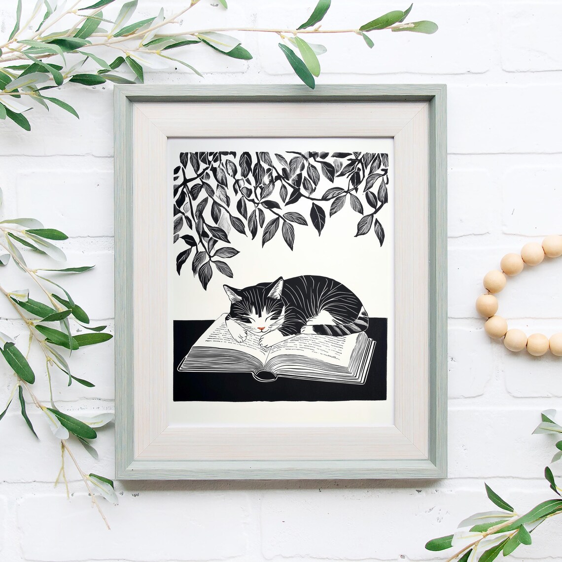 Sleeping Kitten Book Art Print, Cat Illustration