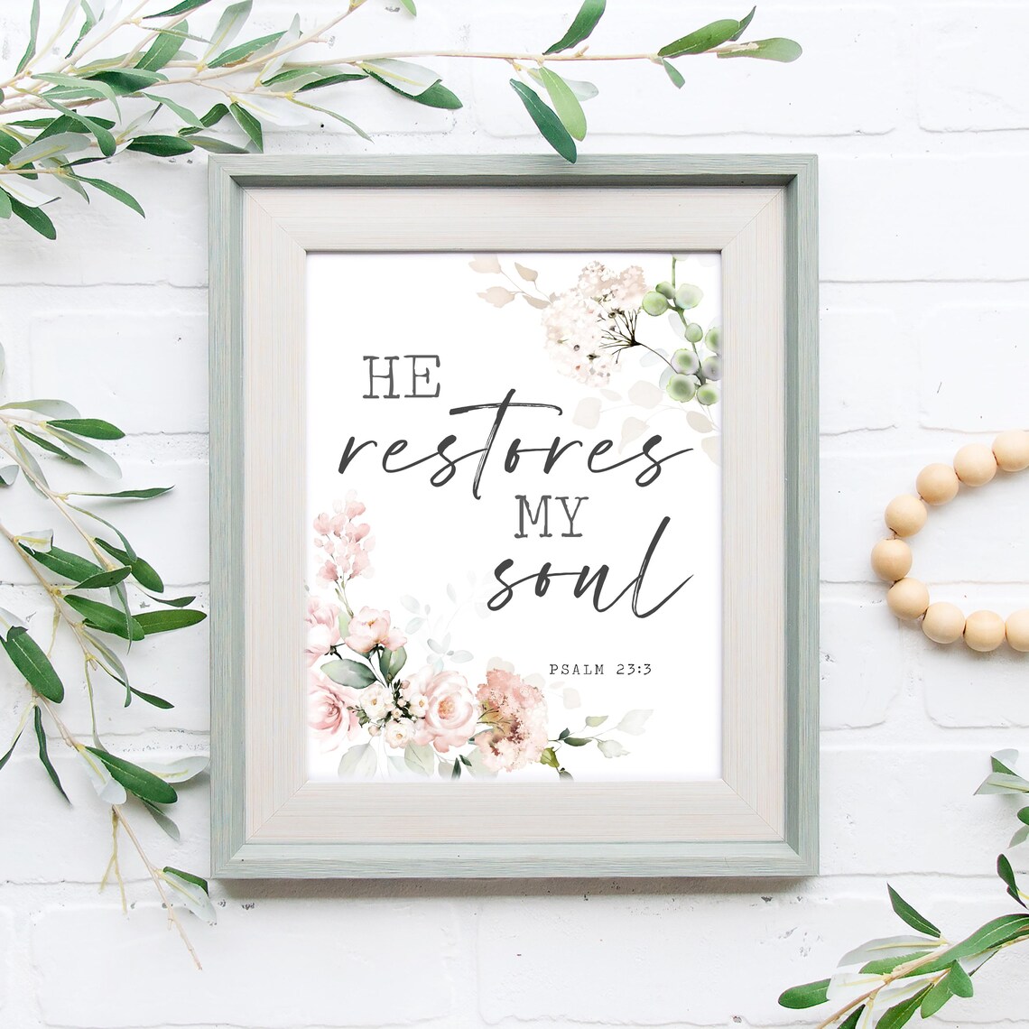He Restores My Soul Psalm 23 Bible Verse Pink Roses Floral Wall Art - Image 3