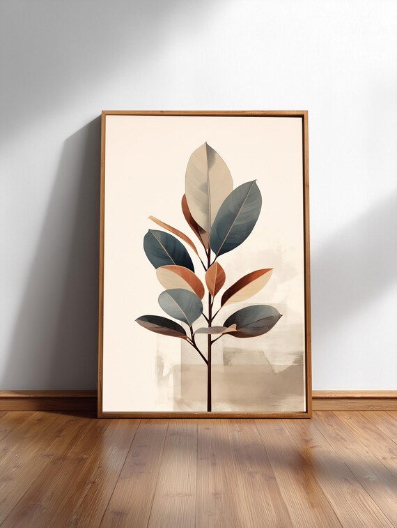Rubber Plant Japandi Ink Art Print, Neutral Tones