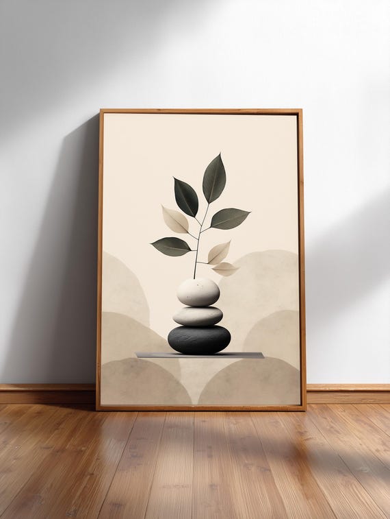 Zen Stones Branch Minimal Japandi Botanical Art Print