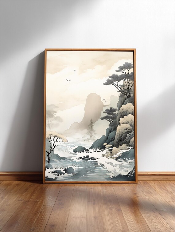 Misty Mountain River Ink Wash Poster in Japanese Sumi Style Calm Decor