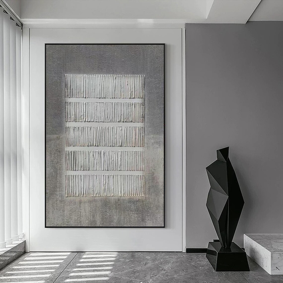 Grey Abstract Textured Line Painting, Minimalist - Image 4