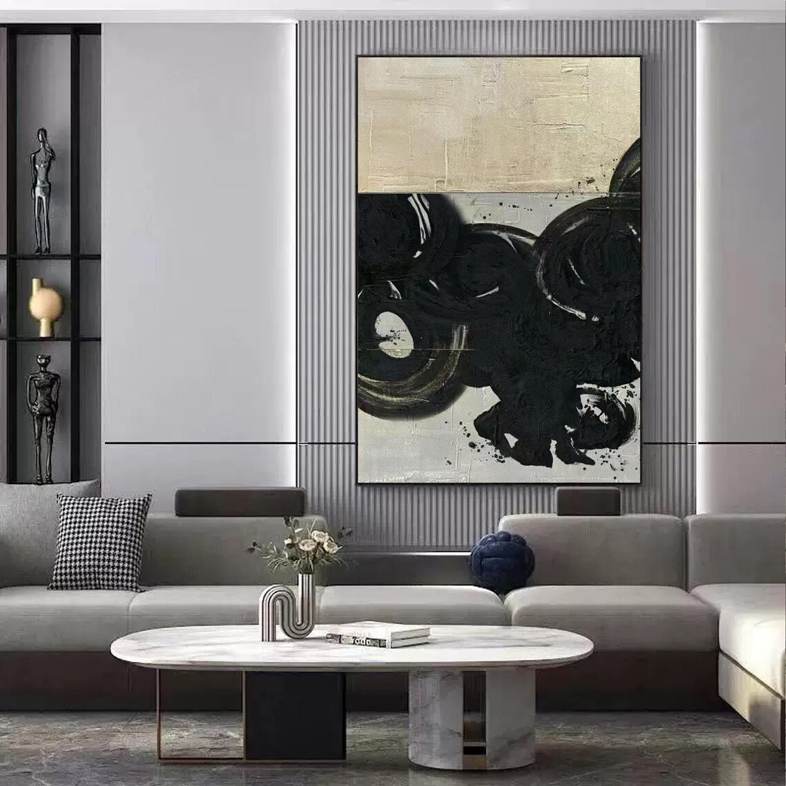 Black And Beige Abstract Texture Painting, Japandi - Image 3