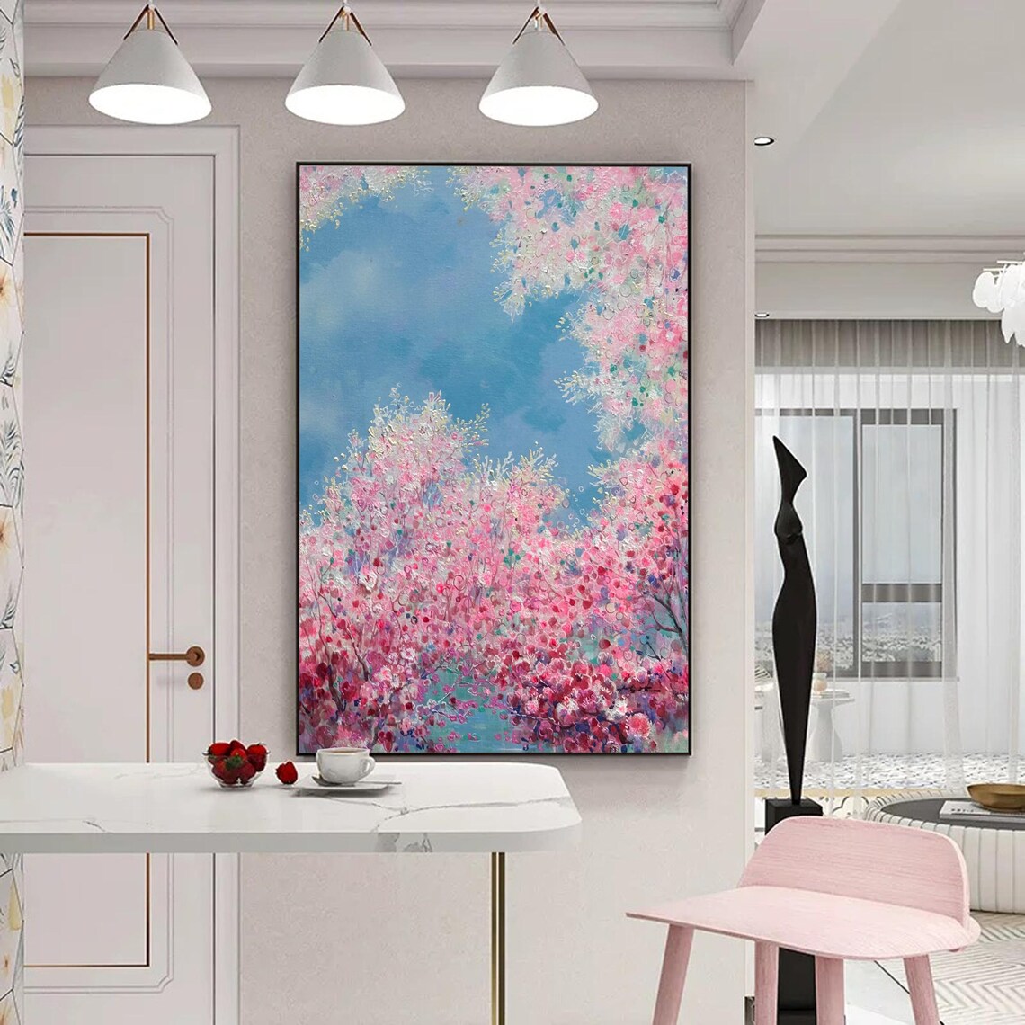 Pink Cherry Blossom, Modern Abstract Wall Art - Image 2