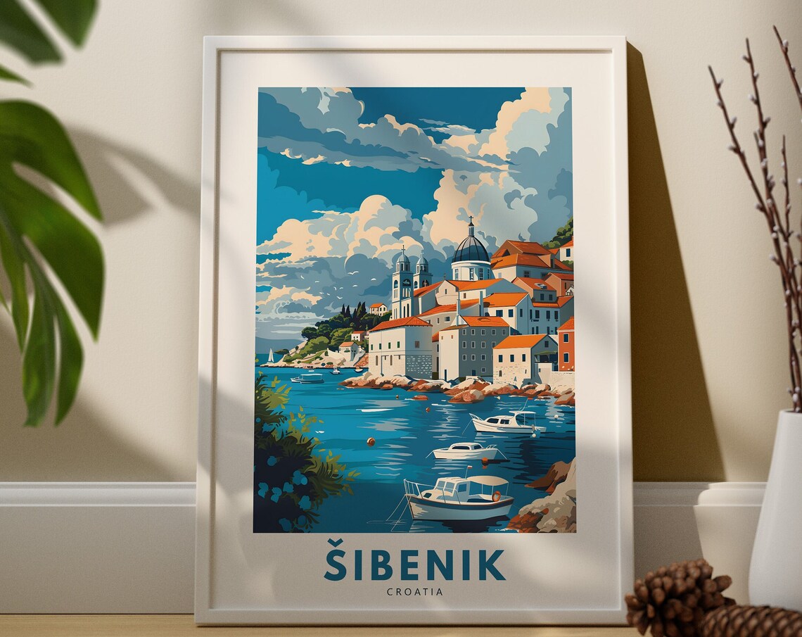 Sibenik Croatia Coastal Old Town Harbor Vintage Travel Poster