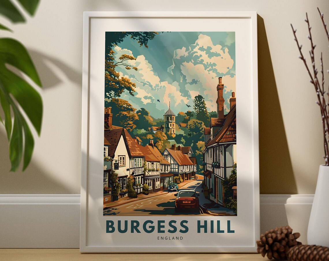 Burgess Hill England Charming Village Street Modern Travel Poster