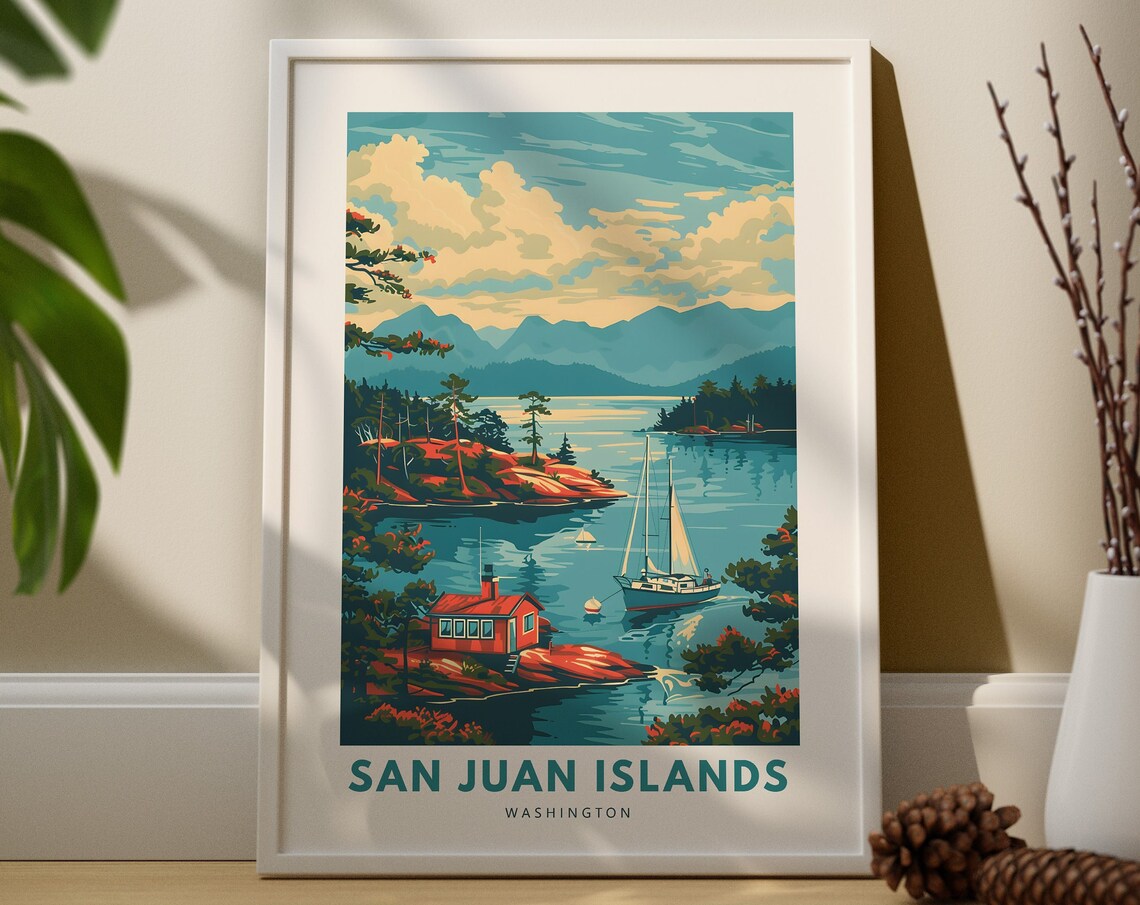 San Juan Islands Washington Sailboat Cove Vintage Travel Poster