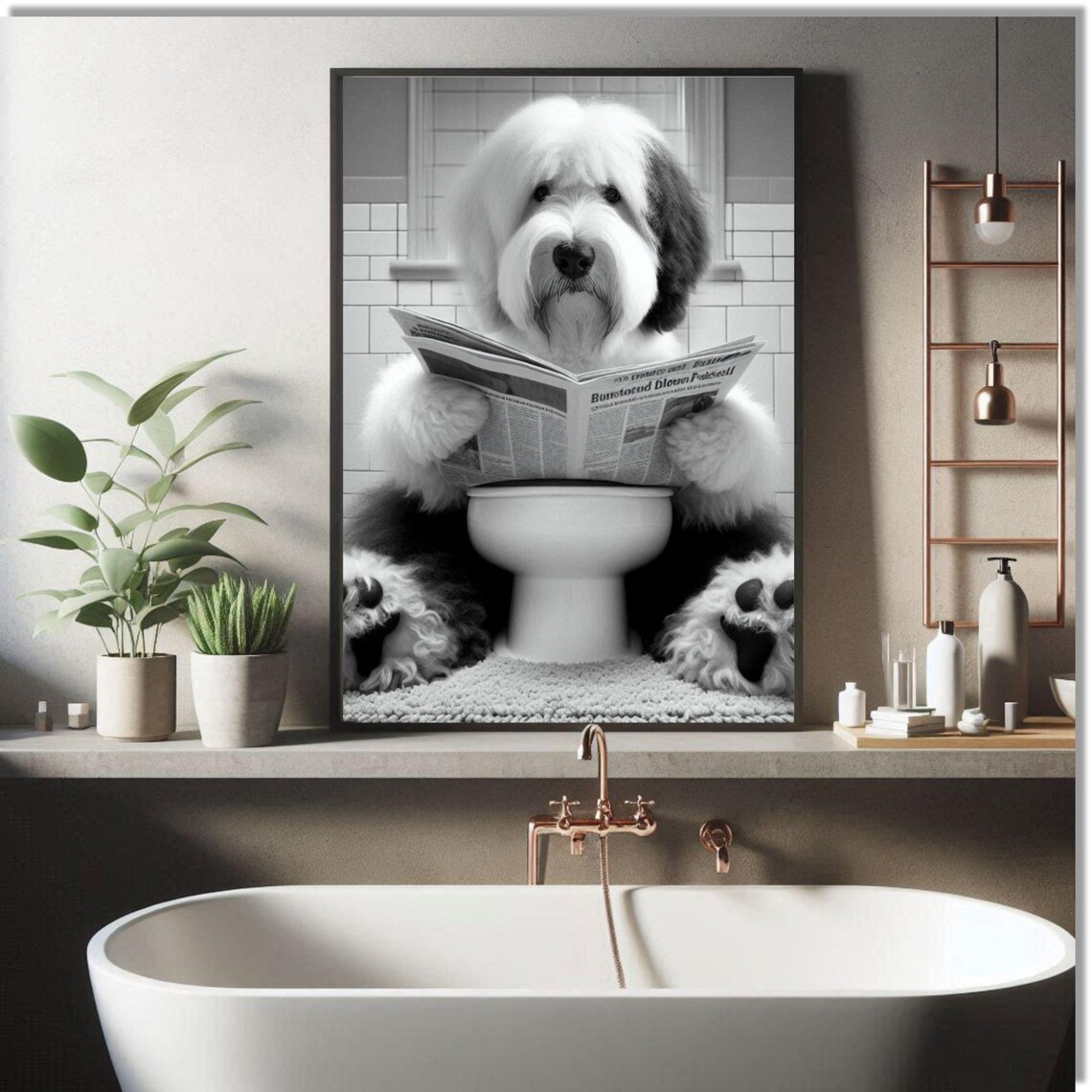 Funny Old English Sheepdog Bathroom Wall Art English Sheepdog Sitting On Toilet Sheepdog Bathroom Decor Sheepdog Owner - Image 2