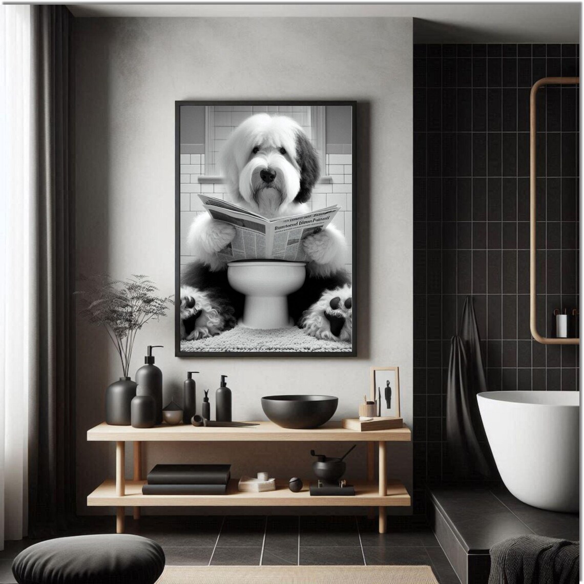 Funny Old English Sheepdog Bathroom Wall Art English Sheepdog Sitting On Toilet Sheepdog Bathroom Decor Sheepdog Owner - Image 3