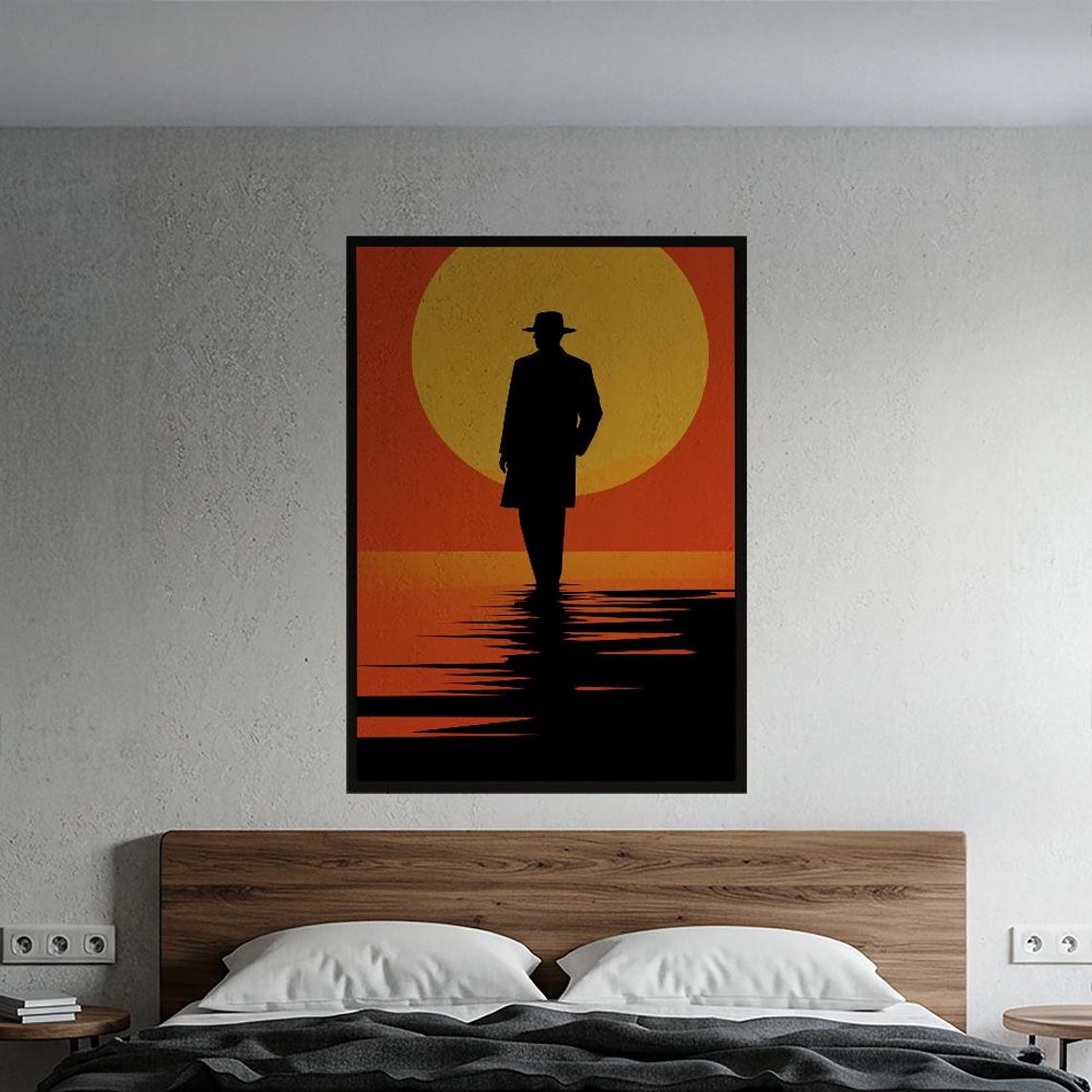 Mysterious Film Noir Silhouette Man At Sunset Cinematic Poster