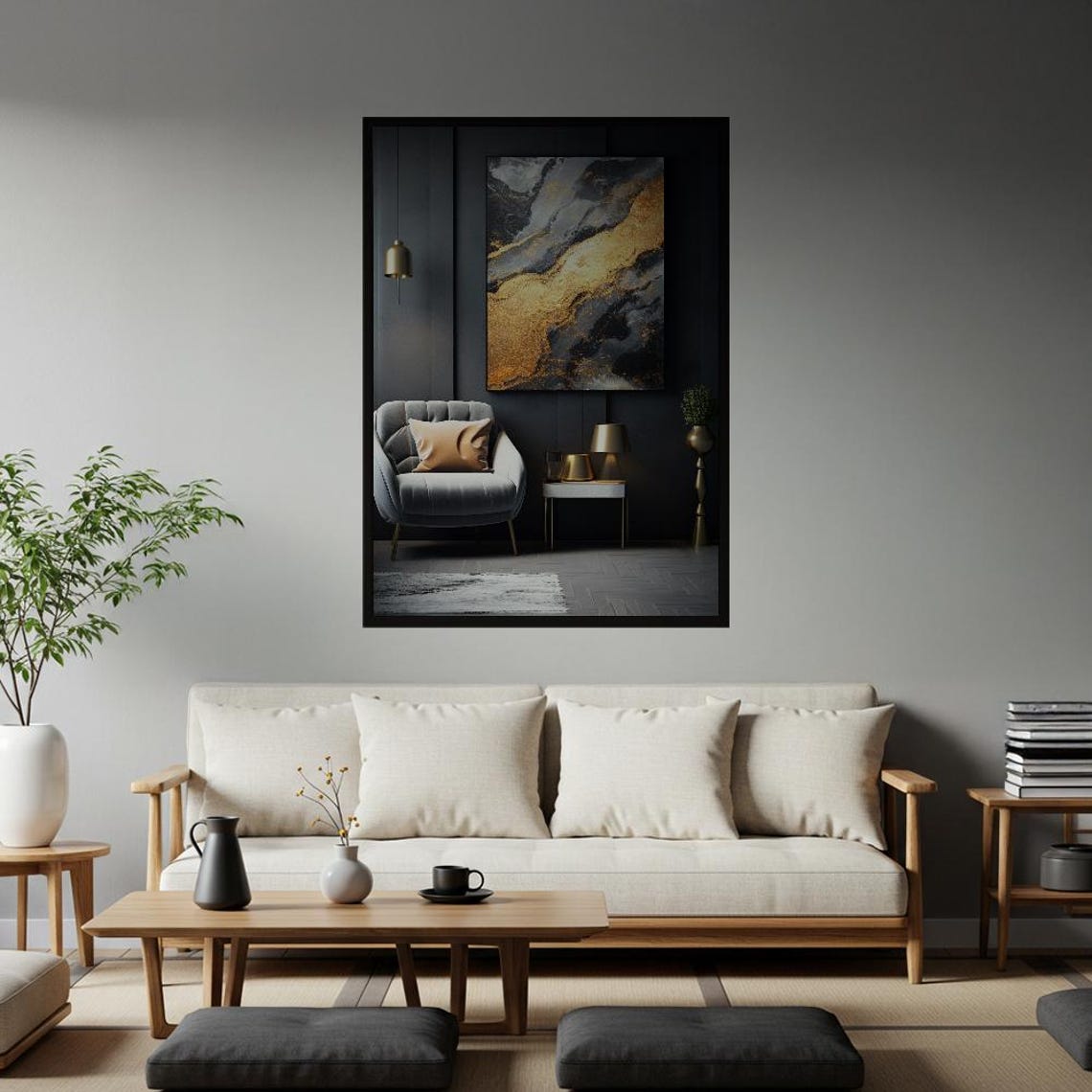 Black Gold And Grey Marble Swirl Abstract Luxury Modern Wall Art