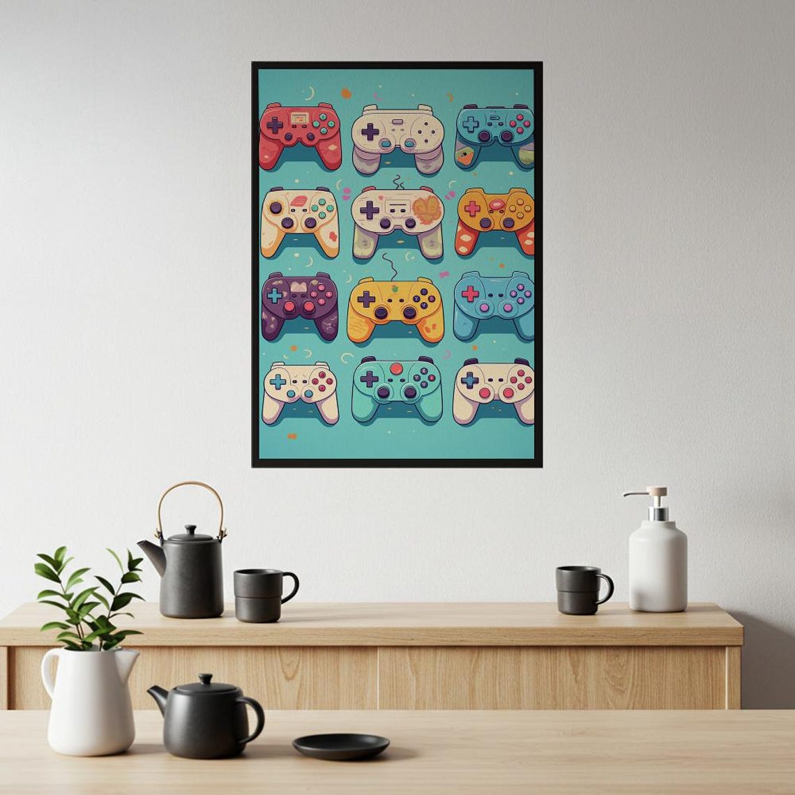 Retro Gaming Controllers Grid Colorful Gamer Room Wall Poster