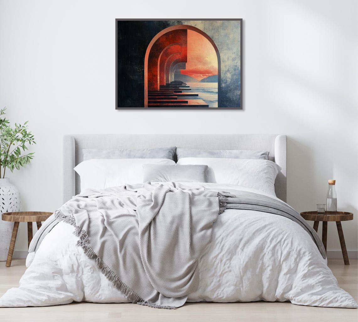 Surreal Crimson Archway Tunnel Opening Onto Ocean Sunset Poster - Image 2