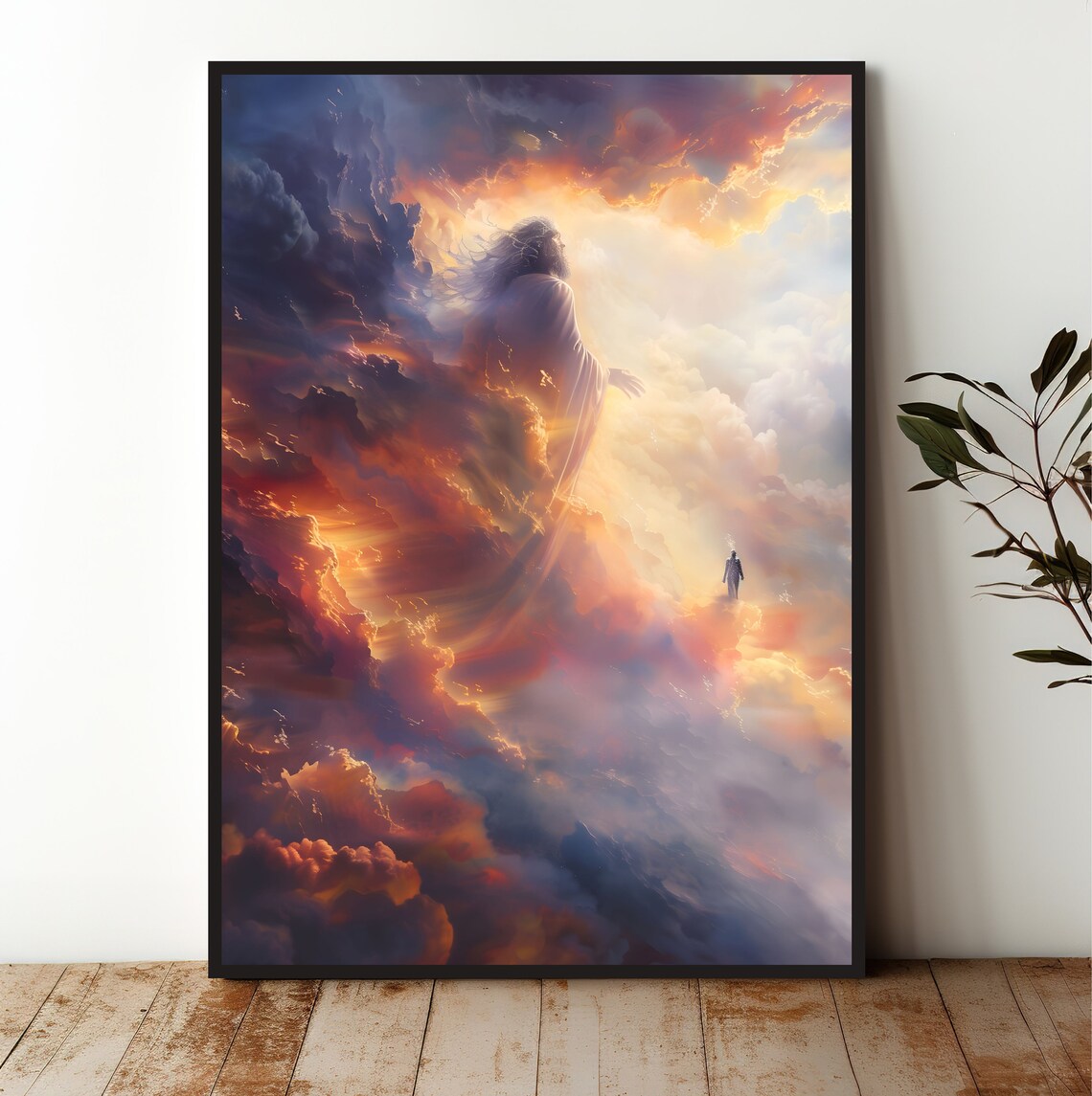 Robed Divine Figure In Fiery Clouds Inspirational Christian Heaven Art Poster