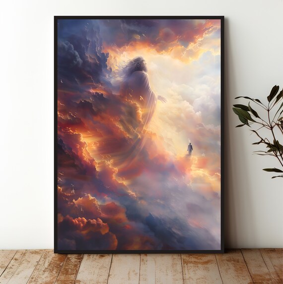 Robed Divine Figure In Fiery Clouds Inspirational Christian Heaven Art Poster