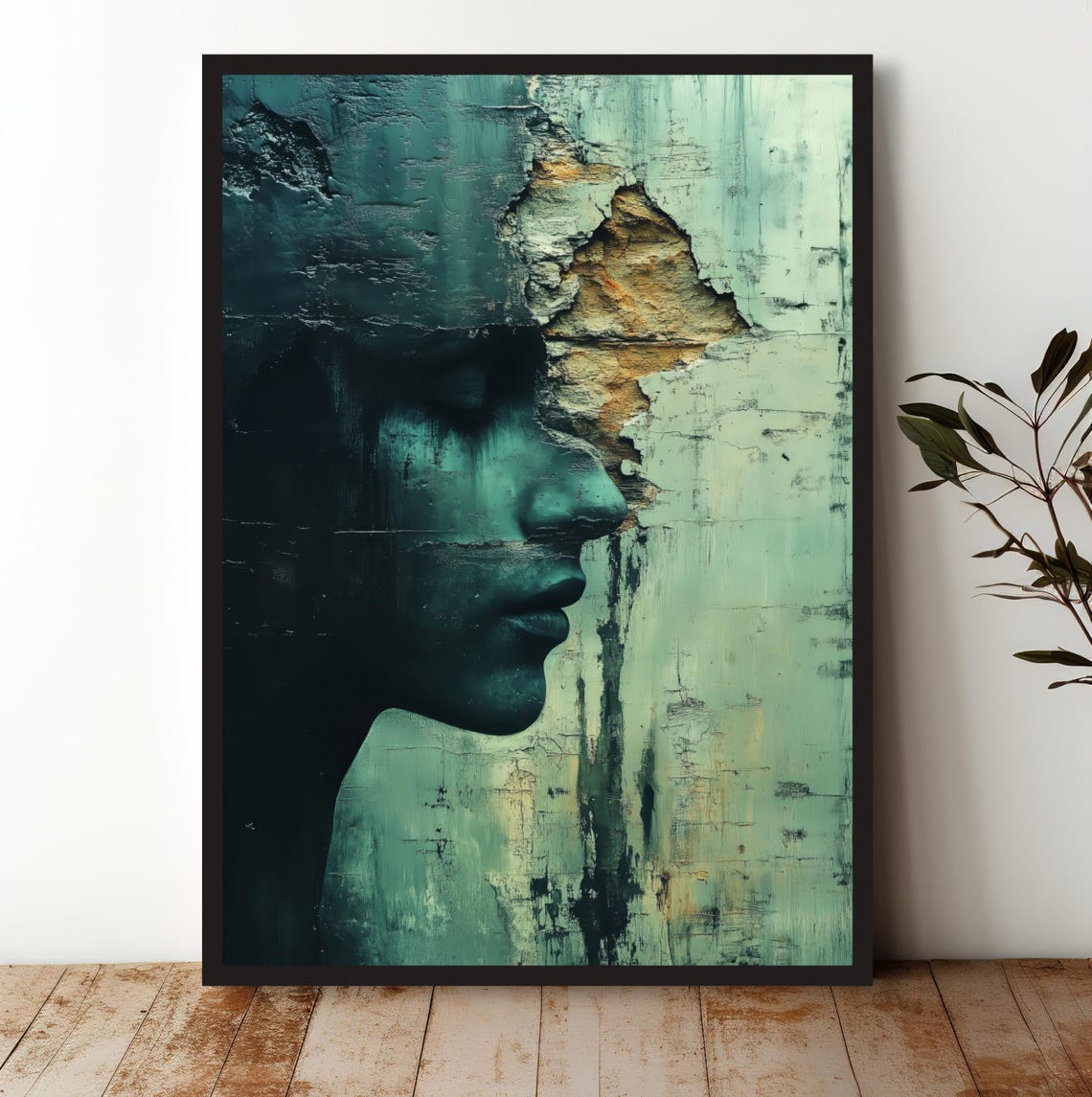 Weathered Woman Profile Emerging From Cracked Plaster Wall Art