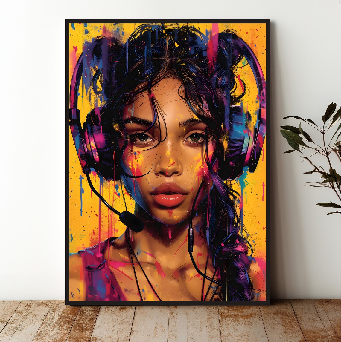 Gamer Girl Vibrant Neon Art Print Colorful Headphones Portrait For Gaming Room Decor Museum Quality Usa Made