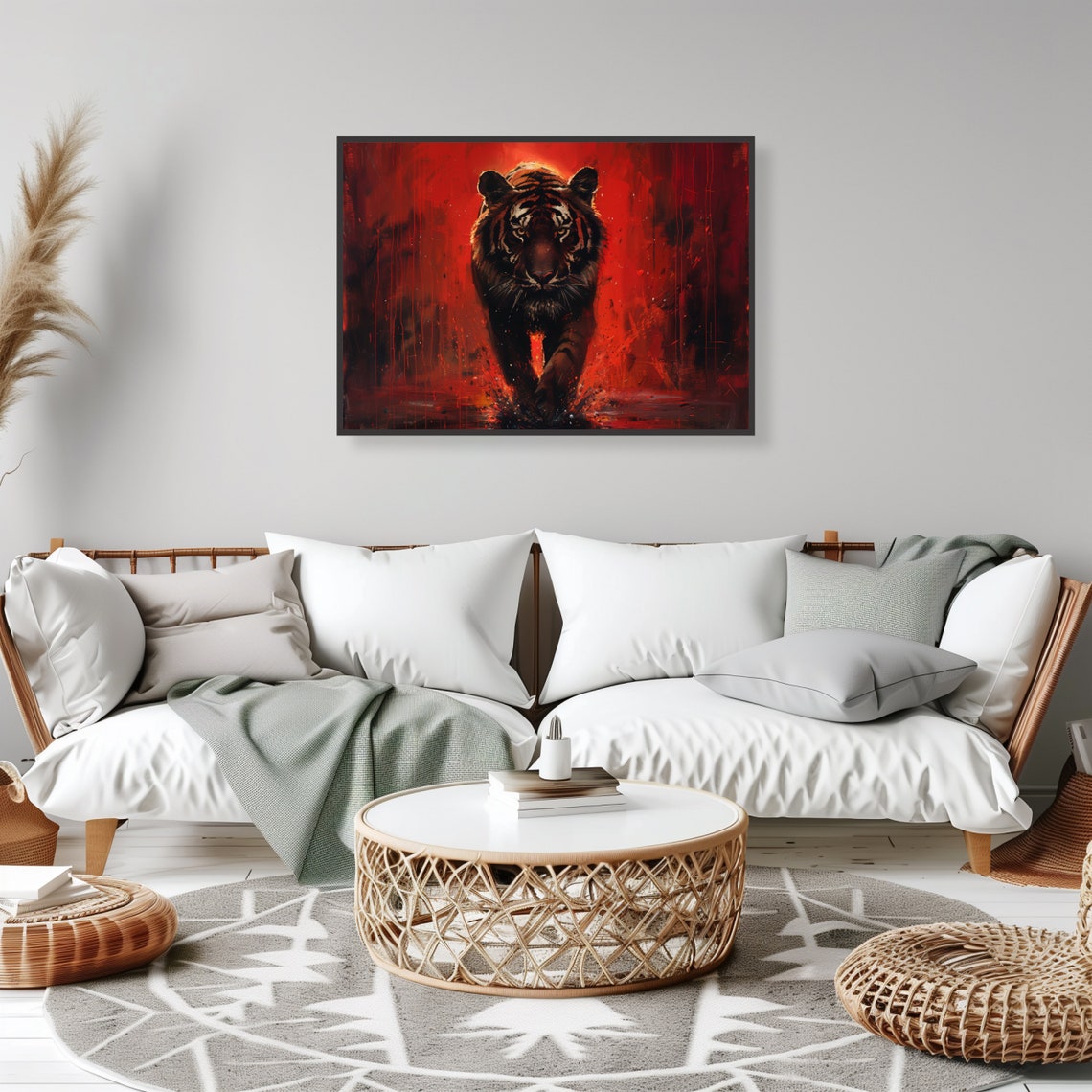 Tiger Walking Through Water Bold Red Dramatic Wildlife Art Poster - Image 2