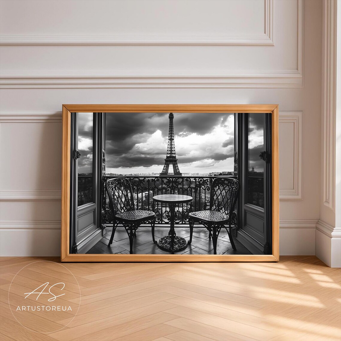Paris Eiffel Tower Balcony Black And White French City View Photo Poster