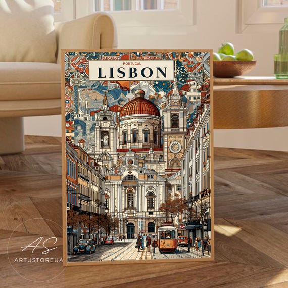 Lisbon Print Vintage Travel Poster With Retro Street Scene Cityscape Art Detailed Architectural Illustration