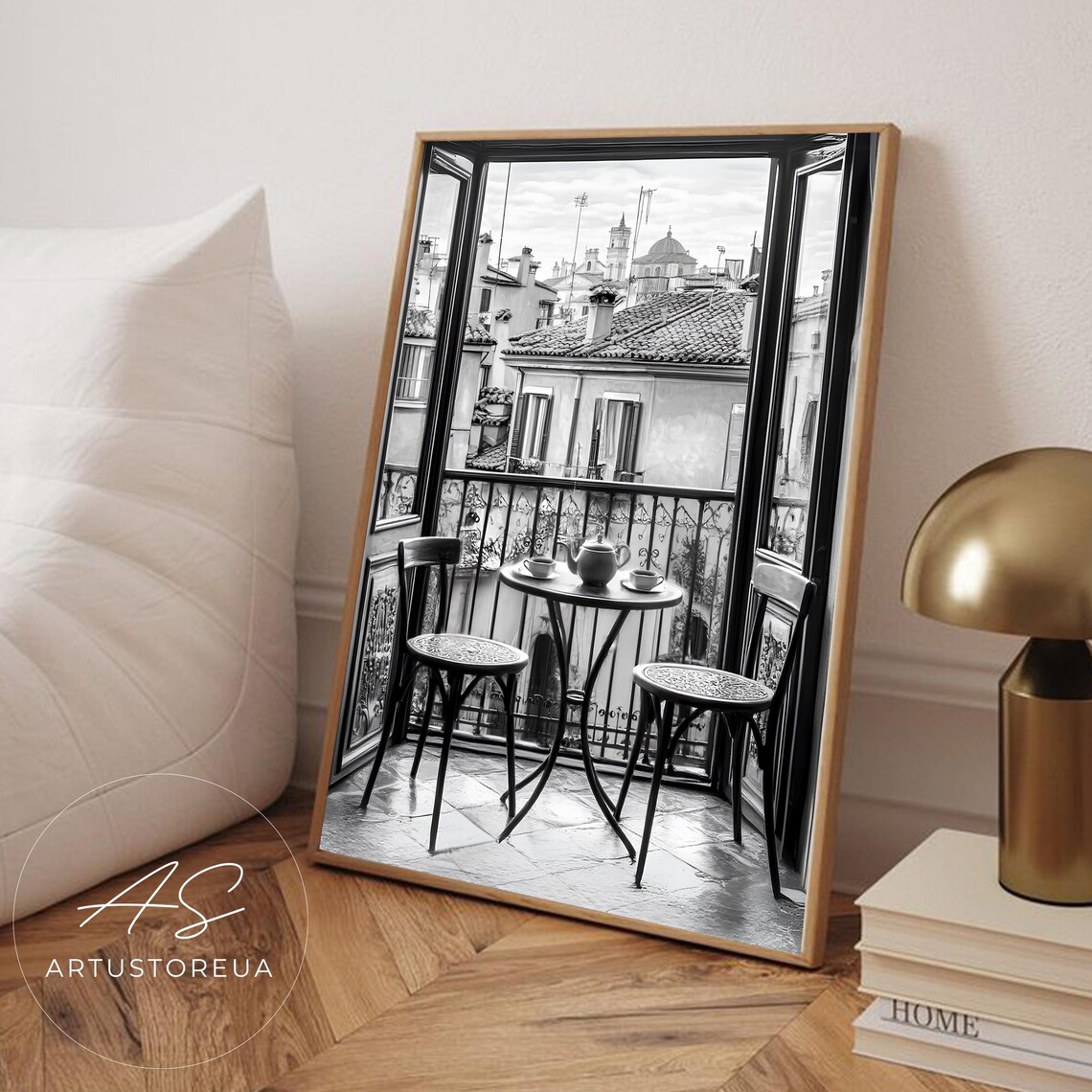 Rome Balcony Bistro Table Black White Italian Cityscape Poster