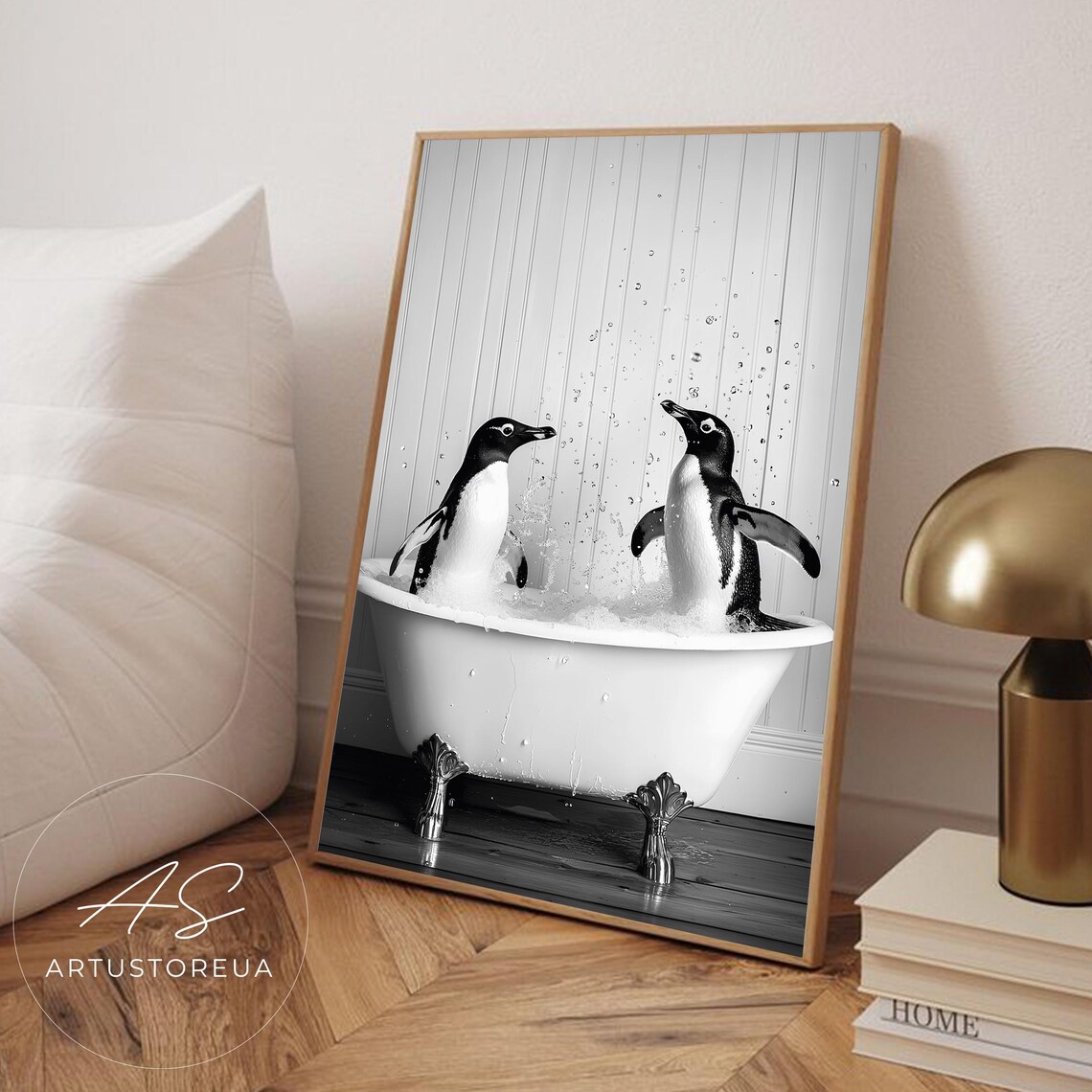 Penguin Bath Splash Poster, Vintage Bathroom Art Print