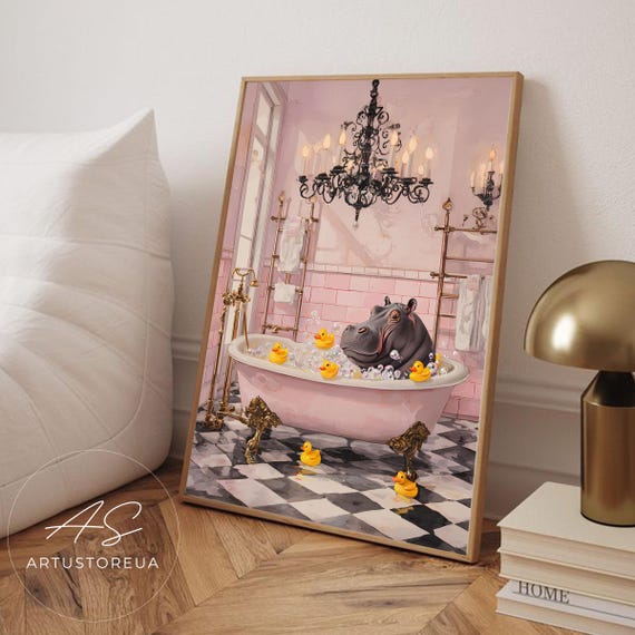 Charming Hippo Bath Time Vibrant Illustration Of A Relaxed Soaking In Clawfoot Tub Pink Tiled Bathroom Bathtub Animal Art