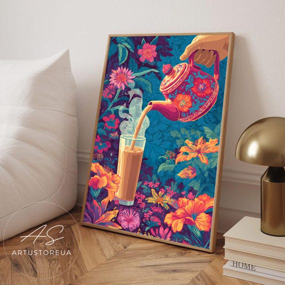 Chai Print Colorful Tea Pouring Art Floral Teapot Wall Vibrant Botanical Kitchen Decor Bohemian Illustration Poster