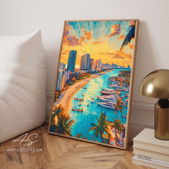 Tropical Coastal Skyline Sunset With Marina And Palm Trees Art Poster