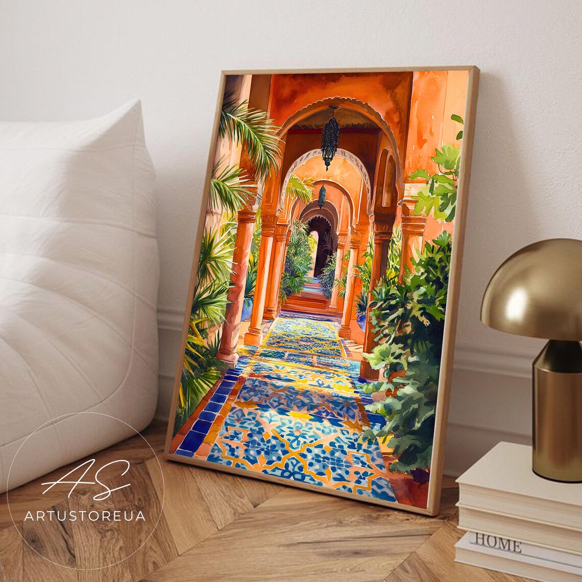 Moroccan Riad Courtyard Watercolor Poster With Arched Colonnade Mosaic Tile