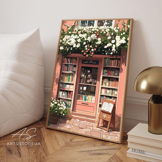 Pink Bookstore Front Flower Awning Cozy Bookshop Illustration Poster