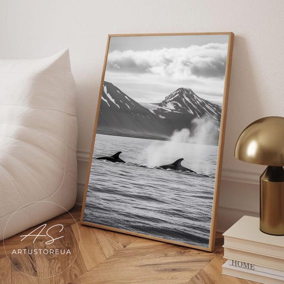 Iceland Print Whales In Black And White Oceanic Wildlife Poster Minimalist Monochrome Ocean View Icelandic Nature Photo