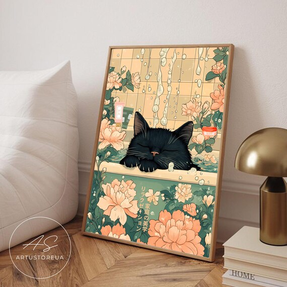 Black Cat Bathroom Art Floral Poster, Vintage Minimalism