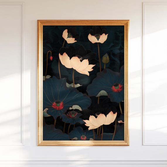 Dark Floral Wall Art Flower Poster Asian Style Decor Gift For Her Zen Bedroom Bathroom Print