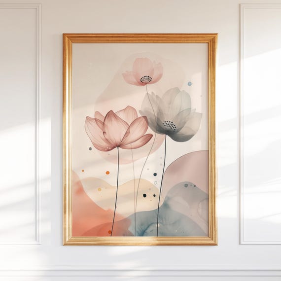 Dreamy Minimalist Floral Wall Art Ethereal Abstract Botanical Print Pastel Zen Flower Poster For Modern Decor