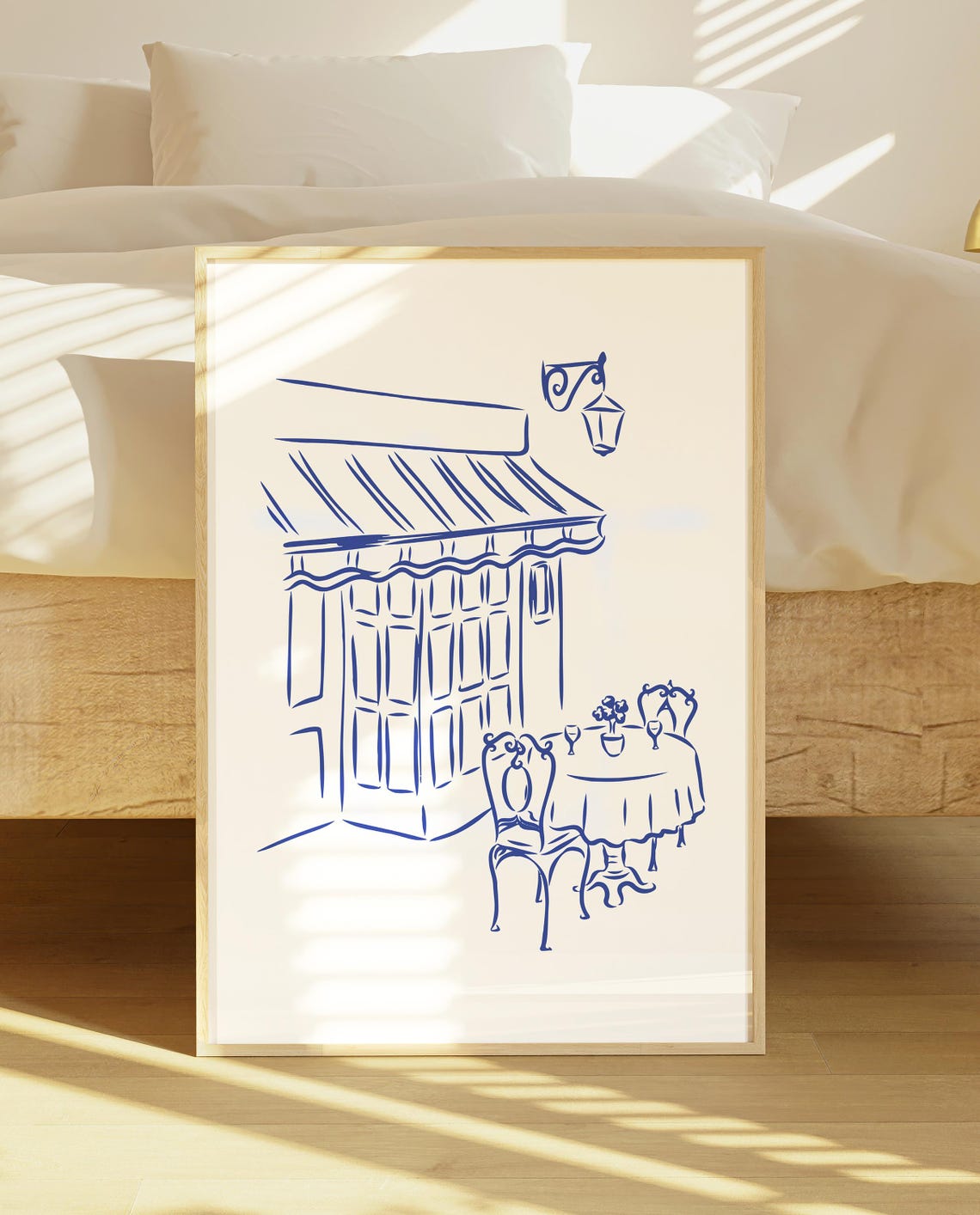 French Bistro Cafe Storefront Blue Line Sketch Kitchen Wall Poster - Image 3