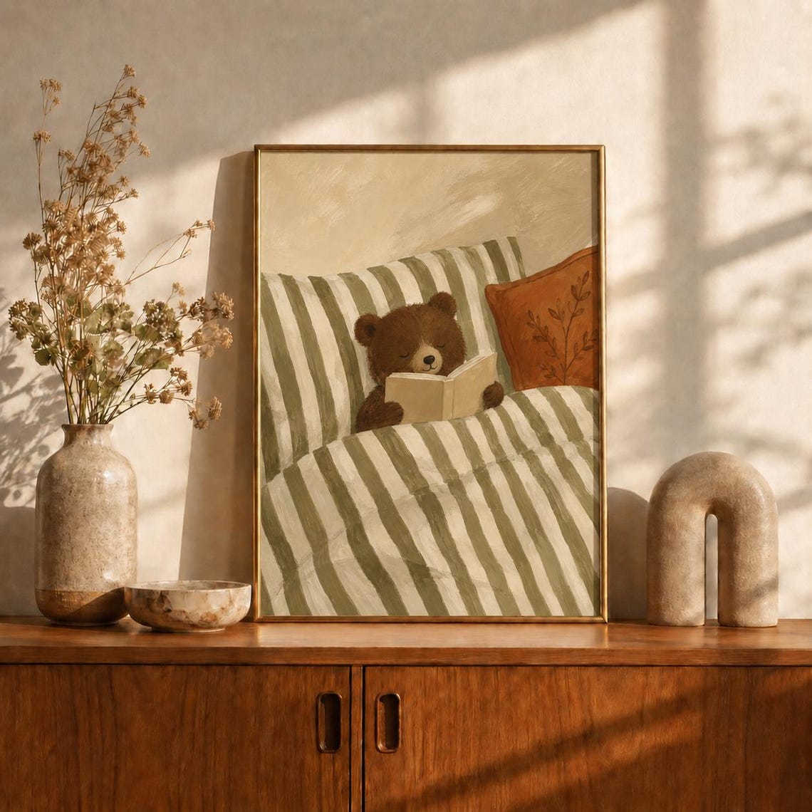 Reading Bear Oil Painting Poster Cub In Bed With Book Print Sage Green Nursery Wall Art Woodland Bedroom Decor Lover Gift - Image 2