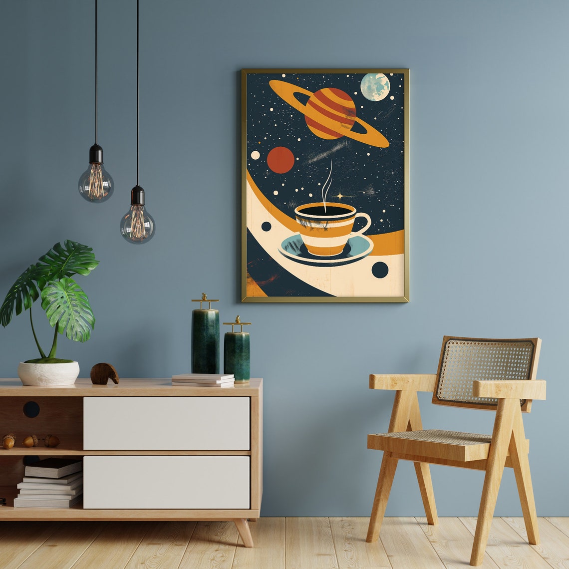 Cosmic Coffee Cup Beneath a Giant Ringed Planet Starry Sky Poster - Image 5