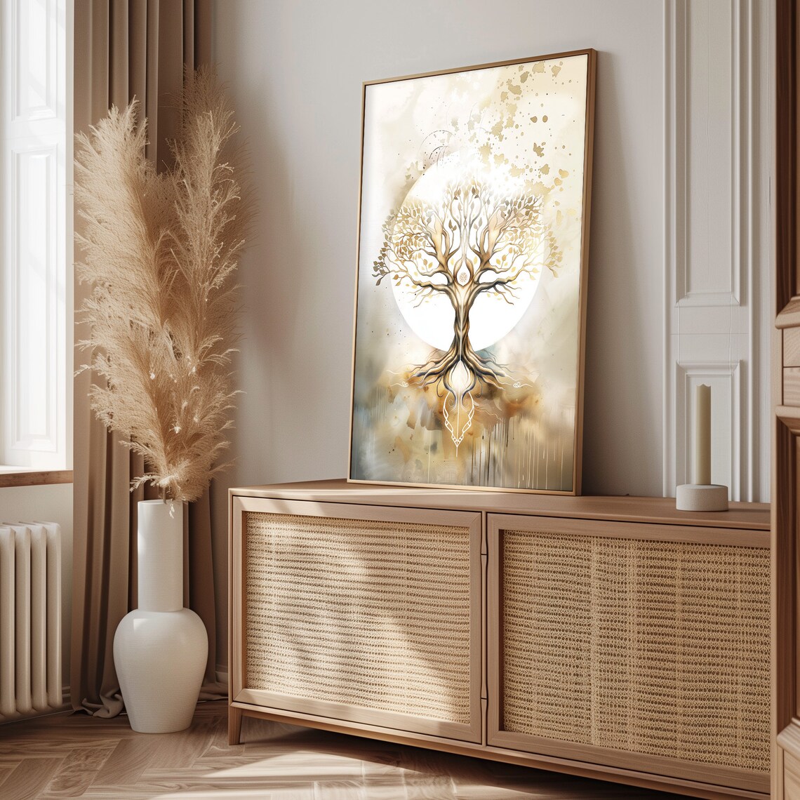Golden Tree Of Life Full Moon White Gold Watercolor Art Poster - Image 3