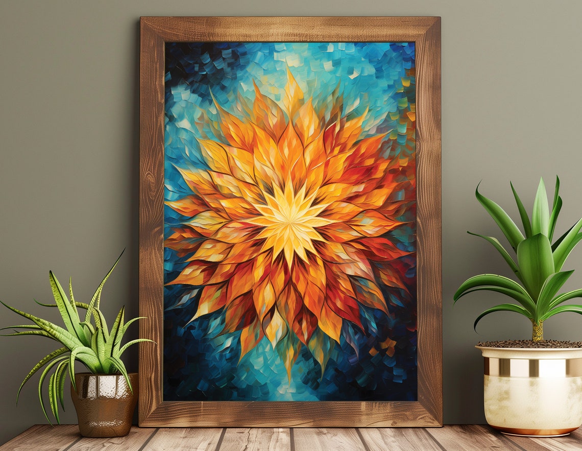 Fiery Sunburst Dahlia Flower Mosaic Abstract Colorful Art Poster