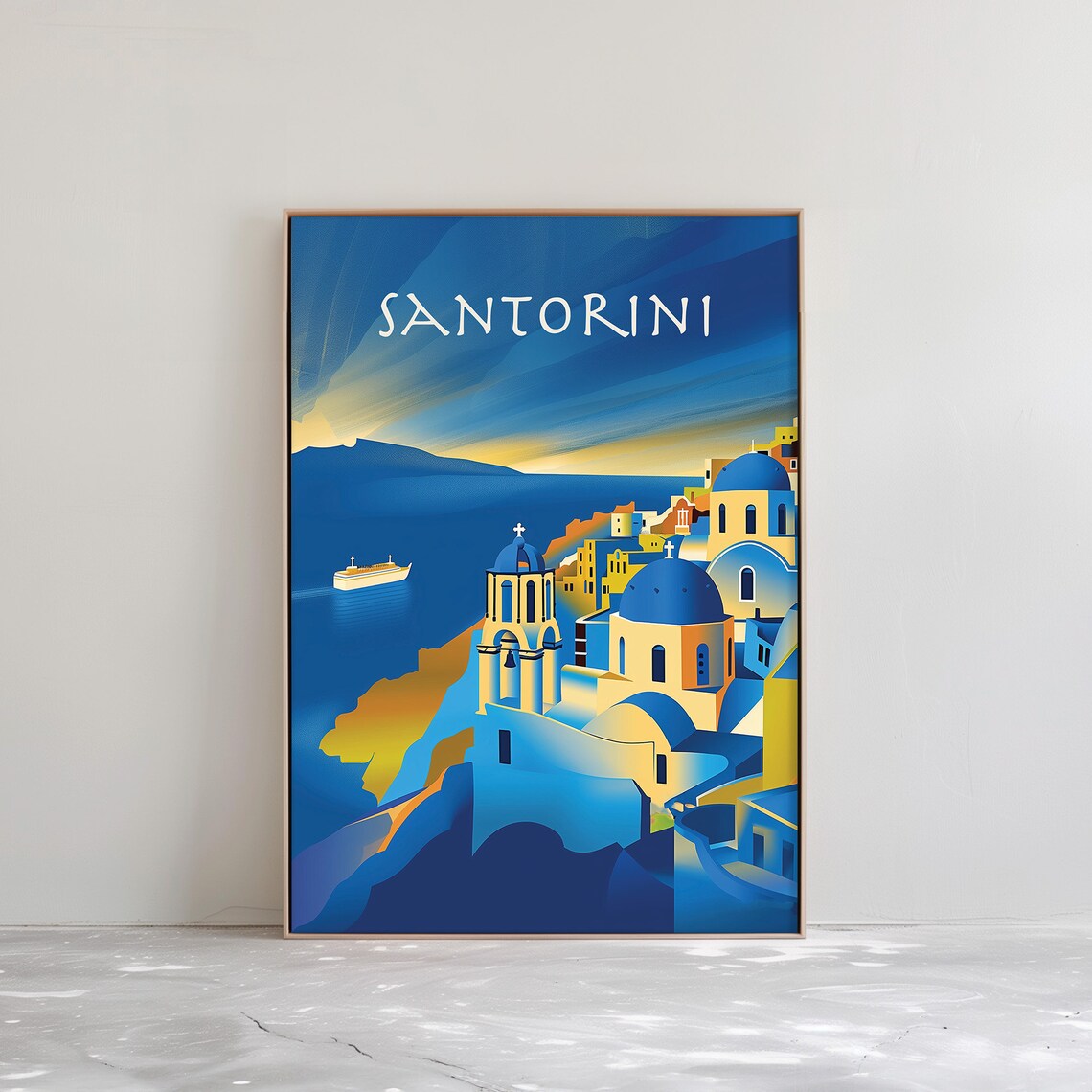 Santorini Greece Blue Dome Church Sunset Aegean Island Travel Poster