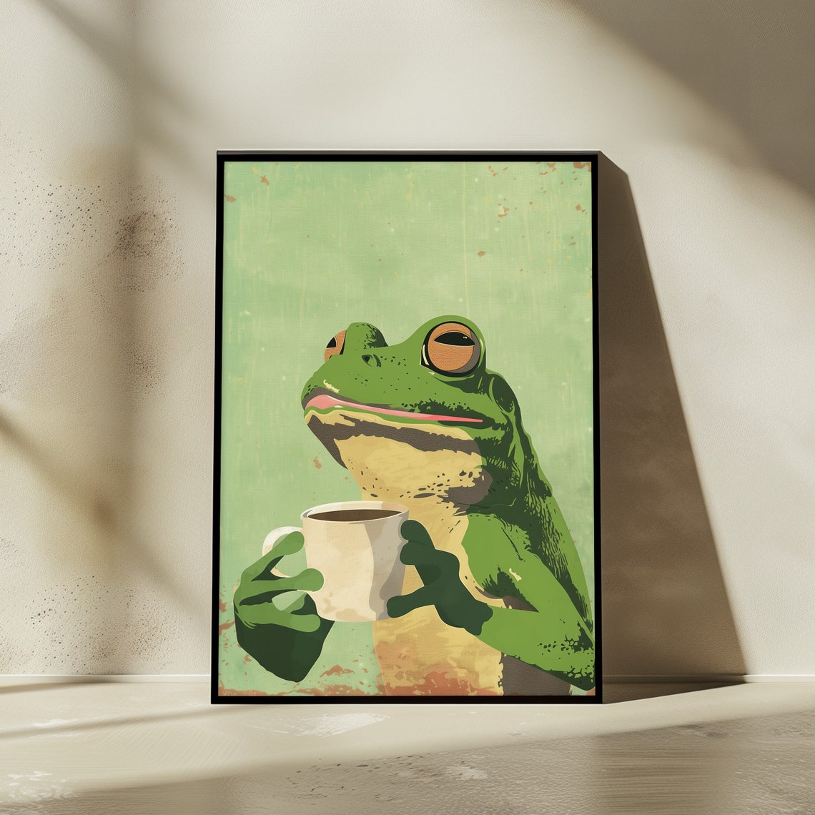 Funny Green Frog Holding Coffee Cup Vintage Retro Humor Poster - Image 5