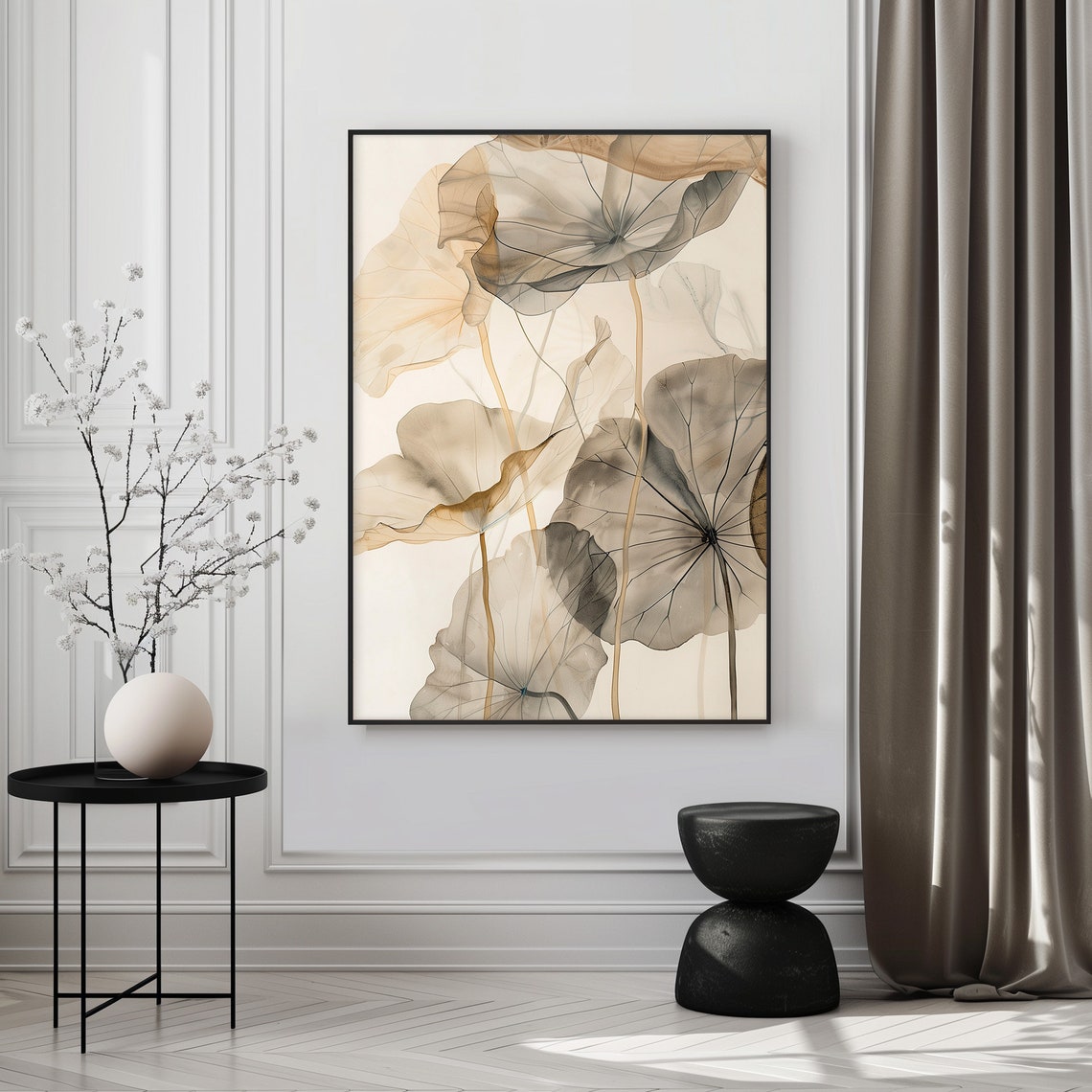 Soft Grey Translucent Lotus Leaves Minimal Botanical Art Poster - Image 3