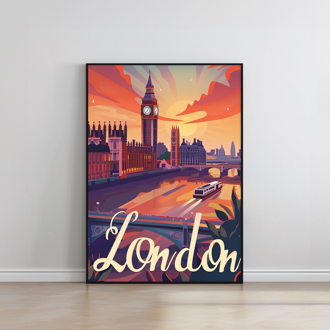 London Sunset Thames Big Ben River Boat Retro Travel Art Poster - Image 2