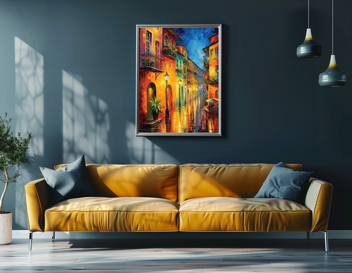 Old Town Night Rain Wet Cobblestone Street Warm Light Art Poster - Image 4