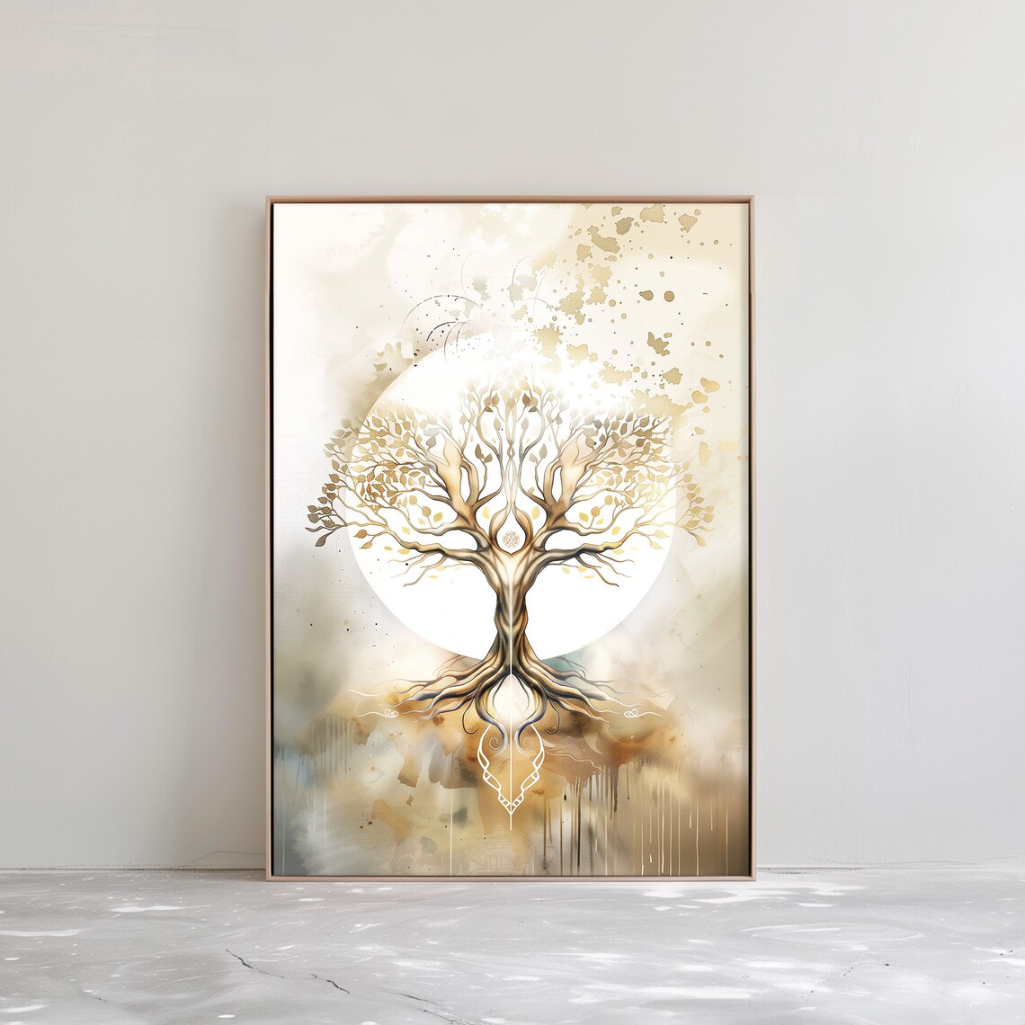 Golden Tree Of Life Full Moon White Gold Watercolor Art Poster