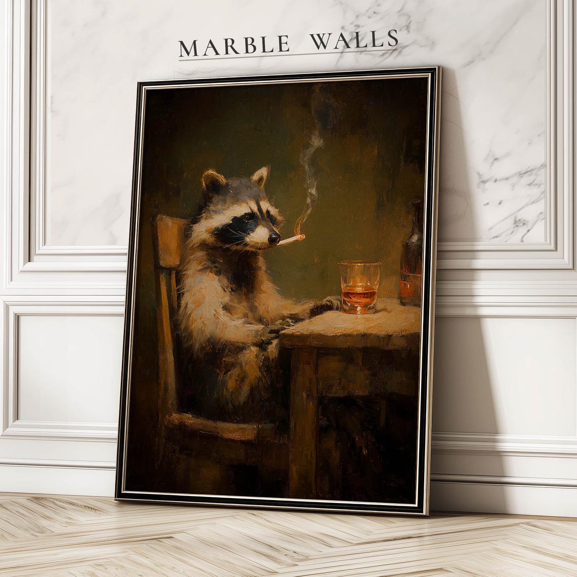 Raccoon Smoking Cigarette Whiskey Bar Moody Oil Painting Poster