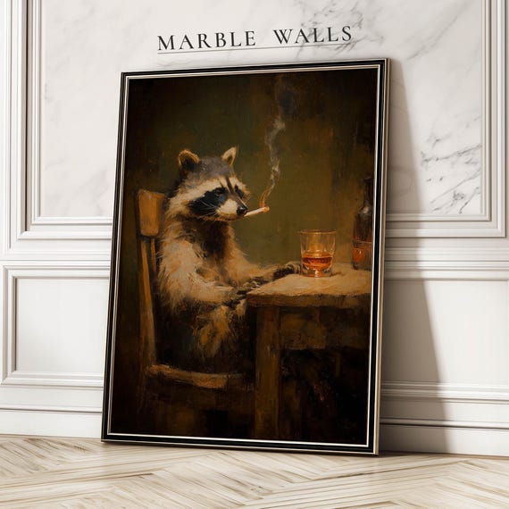 Smoking Raccoon Wall Art Print Rustic Whiskey And Cigarette Animal Poster Home Bar Decor